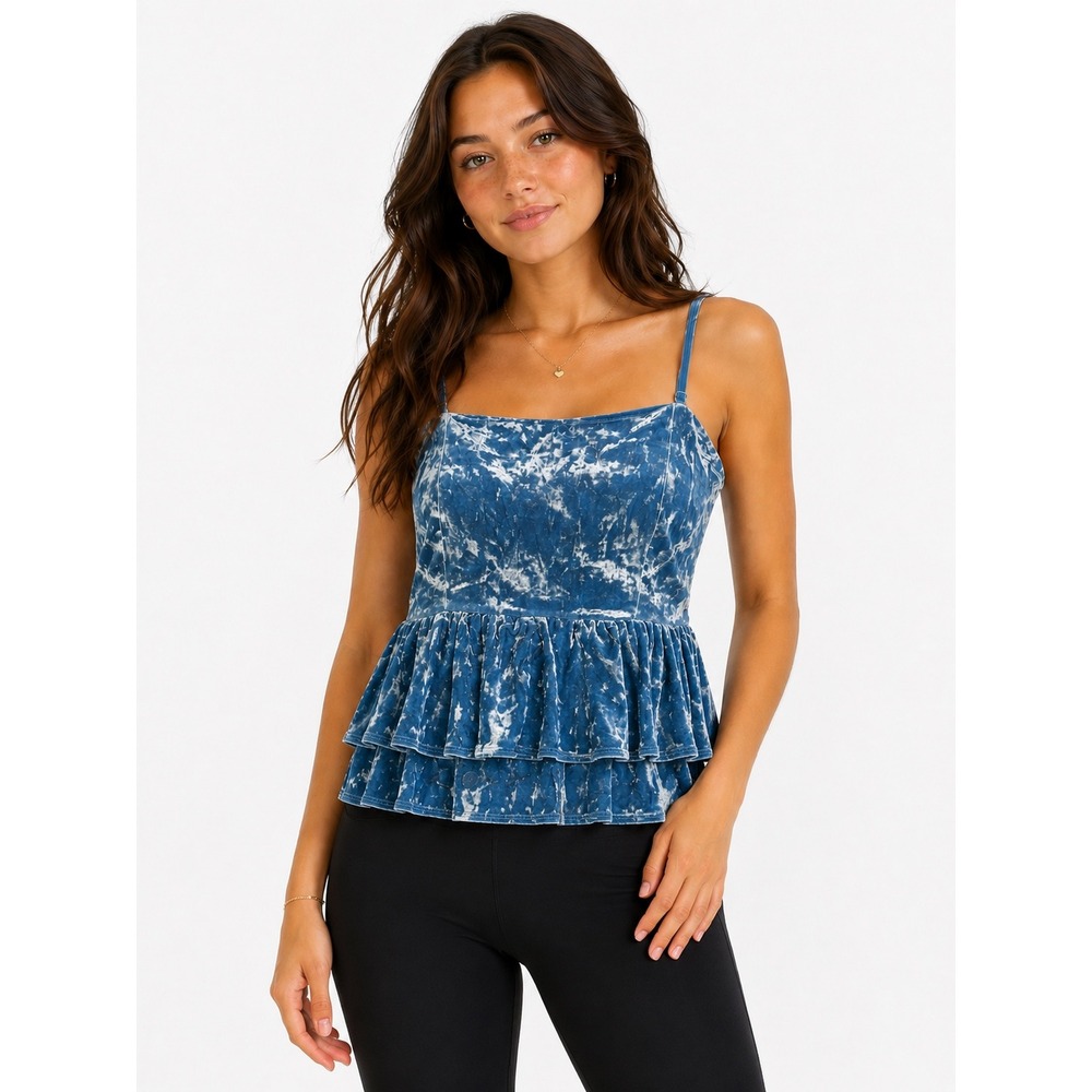 American‎ Eagle Blue Crushed Velvet Peplum Cami Top Smocked Back Medium